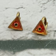 Gold Toned Triangle Shaped Earrings Red Clip Ons Fashion Jewelry Stud - £11.64 GBP