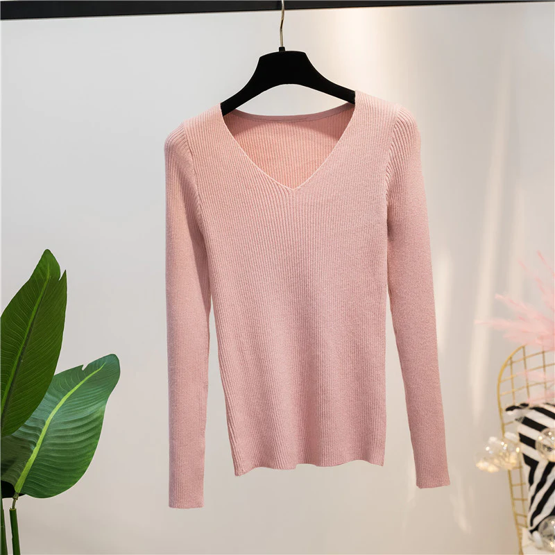Pink Autumn And Winter V-neck Knitted Long-sleeved Slim - £28.42 GBP