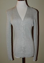 Lauren Ralph Lauren Sz M Womens V-Neck Sweater Silver Cable Knit Long Sl... - £31.14 GBP