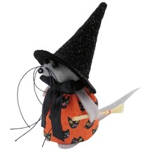 Halloween Mouse Witch With Broom, Cat Print Dress, Handmade Decoration - $8.95