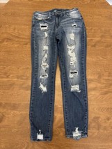Kancan Jeans Juniors 11/29 Mid Rise Distressed Skinny Jeans Dark Wash - $13.86
