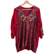 Johnny Was Zillia Tunic Embroidered Floral Red Cupra Rayon Top Women&#39;s Size S - £58.37 GBP