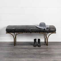 16" Black And Antiqued Brass Upholstered Genuine Leather Bench - $23,149.14 MXN