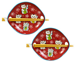 Pack Of 2 Red Maneki Neko Lucky Cats Appetizer Coupe Plates With Chopsticks Set - £22.56 GBP