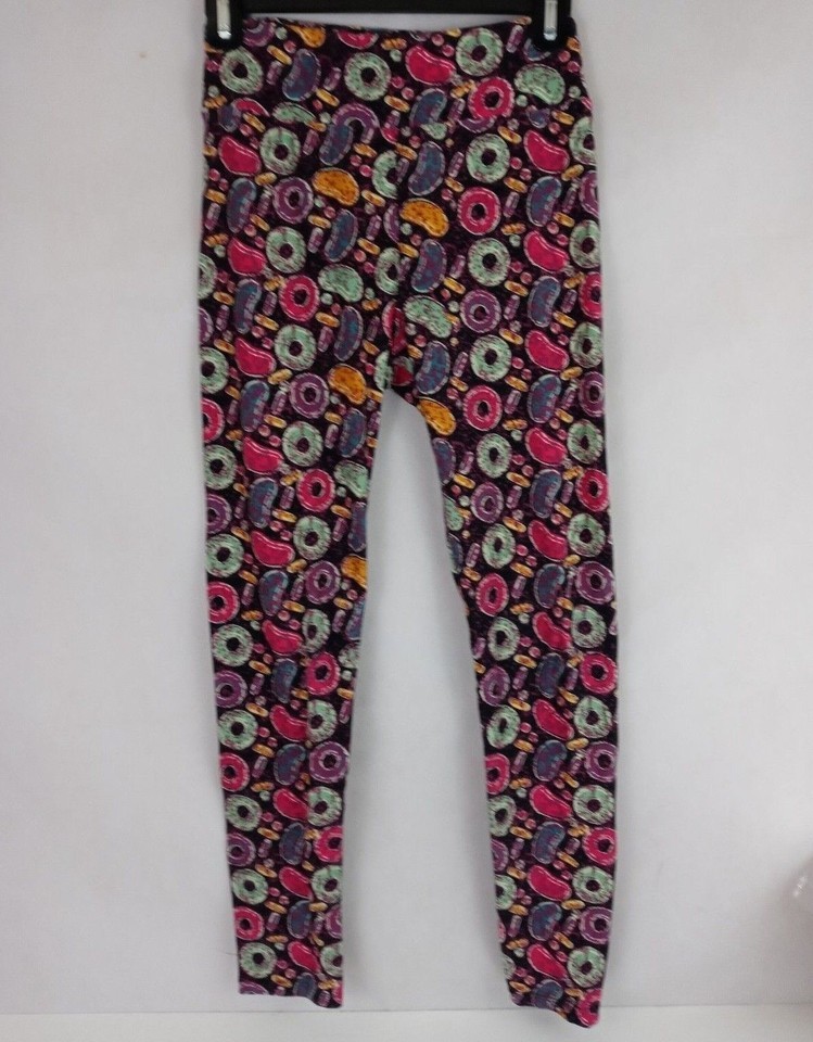 LuLaRoe OS Leggings Black With Colorful Donuts &amp; Jellybeans Designs - $10.88