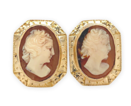 A Pair of 14k Gold Genuine Shell Cameo Earrings w/ Hand Engraved Frame (... - €413,13 EUR