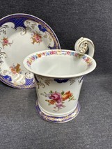 Victorian Chocolate Cup &amp; Saucer Set Blue White Porcelain W/ Flowers &amp; Gold Trim - £14.32 GBP