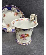 Victorian Chocolate Cup &amp; Saucer Set Blue White Porcelain W/ Flowers &amp; G... - £14.01 GBP
