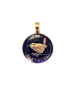 British Wren Farthing, Hand Enameled Coin Pendant, 18k Gold Plated - $65.00