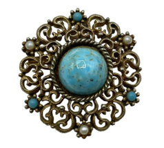 Vintage JJ Brand Pin Pendant Brooch Silver Tone Teal Round Metal Pearls - $18.00