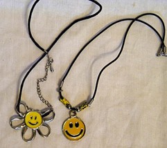 2 Vintage 70&#39;S Yellow Cloisonne Enamel Smiley Face Pendants Necklaces - £7.90 GBP