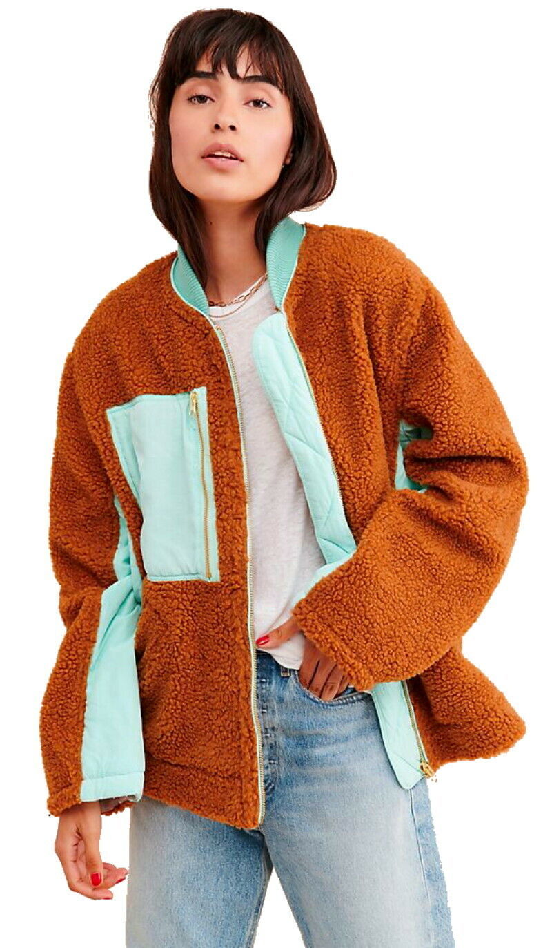 Free People Teddy Bear Fleece Jacket Medium Brown Blue 168 Coat NWT