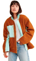 Free People Teddy Bear Fleece Jacket Medium Brown + Blue $168 Coat NWT - £75.00 GBP