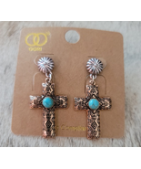 Copper Cross Post Earrings with Turquoise Stone - £13.36 GBP