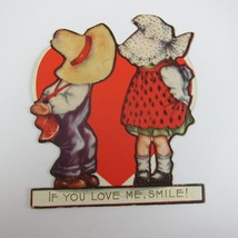 Vintage Valentine Card Die Cut Stand Up Boy Straw Hat &amp; Girl Bonnet UNSIGNED - £6.26 GBP