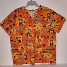 Disney Halloween Scrub Top Orange Mickey Minnie Goofy Pluto Sz XL - £9.06 GBP