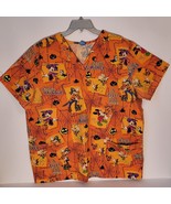 Disney Halloween Scrub Top Orange Mickey Minnie Goofy Pluto Sz XL - £8.86 GBP