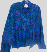 Vintage 70s 80s Country Sophisticates Women M 10 12 Blue Floral Blouse with Tie - £9.86 GBP
