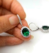 3Ct Oval Cut Green Emerald Drop/Dangle Halo Earrings 14K White Gold Finish - £67.25 GBP