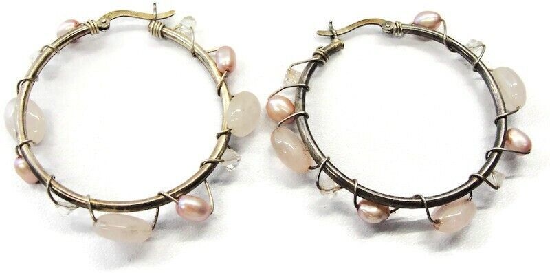 Primary image for 925 Avon Faux Pearls Earrings Hoop Hinge Sterling Silver Vintage Patina 
