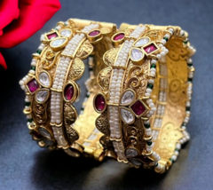 Indian Gold Plated Bollywood Style 2 Pcs Kada Bangles Kundan Ruby Jewelry Set - £76.16 GBP