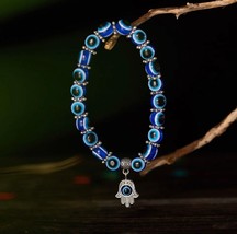 Blue Evil Eye Bracelet Hand of Fatima Turkey Thousand Eyes Wish Handmade Women&#39;s - £13.17 GBP