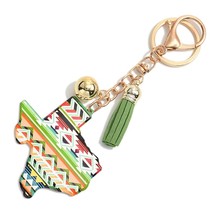 Green &amp; Yellow Aztec Southwestern State of Texas Keychain With Leather Tassel - £11.92 GBP