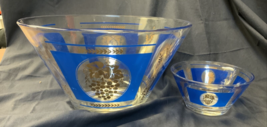Mid Century Modern Atomic Hazel Atlas Blue and Gold Grapes Chip and Dip Bowls - £14.90 GBP