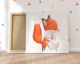 Fox with Hare Canvas Print Nursery Decor Baby Kids Room Wall Art Watercolor Fox  - £46.47 GBP