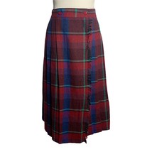 Vintage Pleated Wool Wrap Skirt S Red Plaid Mid Buttons Fringe Hem School Girl - £48.65 GBP
