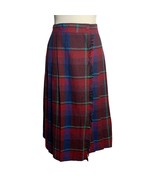 Vintage Pleated Wool Wrap Skirt S Red Plaid Mid Buttons Fringe Hem Schoo... - £48.53 GBP