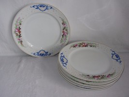 Vtg Set of 6 Hand Painted Ceramic Dinner Plates White Pink Floral Blue H... - $29.69