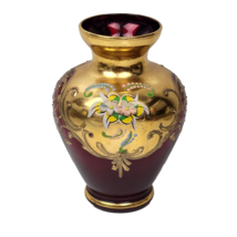 Murano Art Glass Ruby Red Vase 24K Gold Raised Enamel Flowers 5.25&quot; Italy Vtg - £25.93 GBP