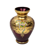 Murano Art Glass Ruby Red Vase 24K Gold Raised Enamel Flowers 5.25&quot; Ital... - £25.94 GBP