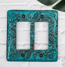 Set of 2 Western Tooled Floral Turquoise Wall Double Gang Rocker Switch ... - £22.90 GBP