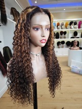 Curly brown and blonde highlights human hair lace front wig/Curly highli... - £262.98 GBP+