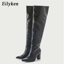 Embossed Women High Heel Boots Designer Chunky Heel Shoes Microfiber Leather Lon - £59.66 GBP