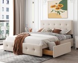 Queen Bed Frame With Drawers, Upholstered Bed With Storage Drawers,Linen... - $592.99
