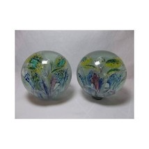 Vtg Matching Pair Art Glass Paperweights Antique Controlled Bubble Blue Green - £31.15 GBP
