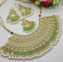 Indian Gold Plated Bollywood Style Kundan Choker Necklace Mint Green Jewelry Set - £76.16 GBP