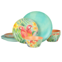 Laurie Gates Tropical Parrots 12 Piece Melamine Dinnerware Set in Assort... - $62.37