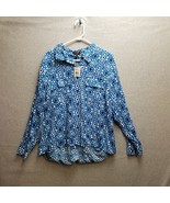 Jessica Simpson Blouse Women&#39;s 2X Crop Button Cut Out Back Blue Geo NWT - $29.65