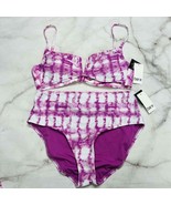 Bar III PURPLE FUCHSIA Summer Stripes High-Rise Bikini 2pc Size L Bralet... - £35.66 GBP