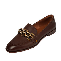 New Women Chain Loafers Low Heels Genuine Leather Round Toe Slip on Loafers Ladi - £93.53 GBP