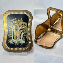 Vtg Helena Rubinstein Compact Deer In Forest Gold Tone  Mirrored Powder Box - £31.49 GBP