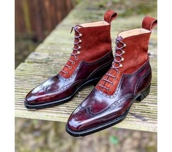 New Handmade Men&#39;s Brogue Ankle High Boot, Men&#39;s Burgundy Black Leather &amp; Suede  - £122.27 GBP