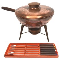 Vintage MCM Copper Brass Wood Fondue Pot Chafing Dish Food Warmer Atomic Modern - £76.73 GBP