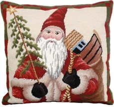 Throw Pillow Needlepoint Colonial Santa 18x18 Down Insert Cotton Velvet Back - £236.94 GBP