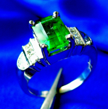 Earth mined Emerald Diamond Deco Engagement Ring 14k White Gold Solitaire - £7,778.36 GBP