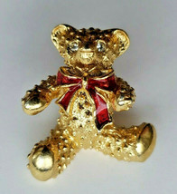 Vintage Teddy Bear Pin Gold Tone Red Bow Rhinestone Eyes A1-6 - $14.99